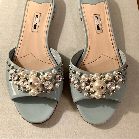 Miu Miu Shoes - Miu Miu Blue Patent Leather Pearl Sandals/ Slides